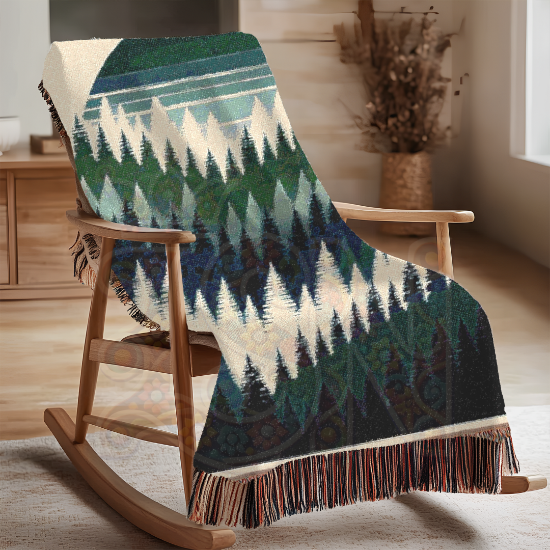 Forest Sunset Woven Blanket, 100% Cotton Throw – Nature-Inspired Cozy Tapestry for Home, Cabin, or Adventure Lovers