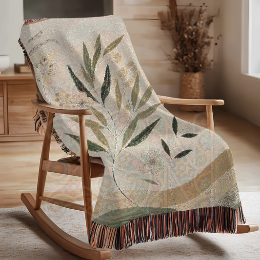 Botanical Woven Blanket – 100% Cotton Tapestry , Minimalist Japandi Floral Throw, Nature-Inspired Home Decor, Cottagecore Aesthetic Gift
