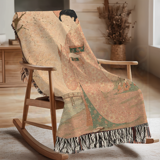 Blossom Stroll – Woven Blanket with Kimono-Clad Woman Under Cherry Trees