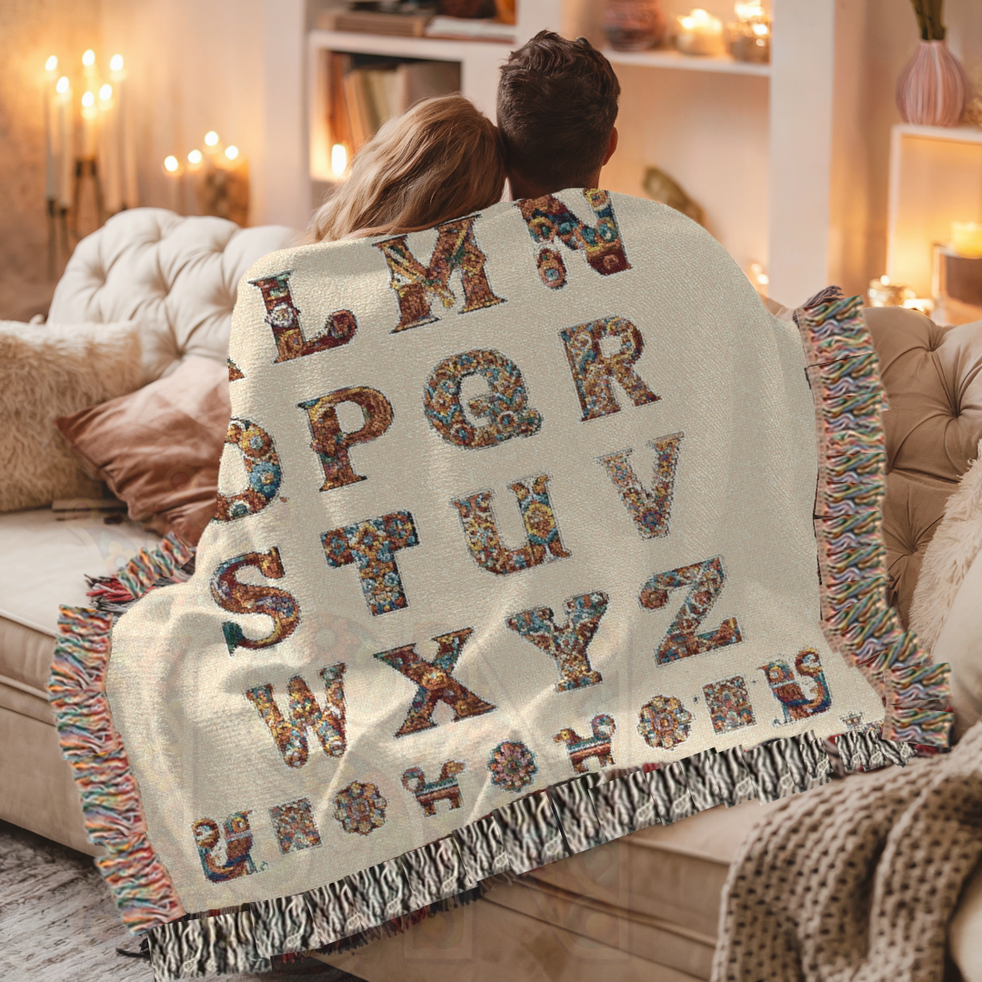 White Elegant Alphabet Woven Cotton Blanket – Bohemian Luxe Tapestry Throw