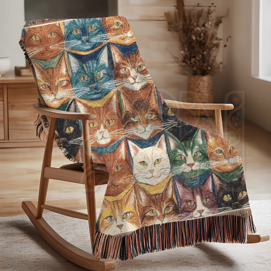 Feline Faces Patchwork Woven Blanket – Vibrant Cat Portrait Throw