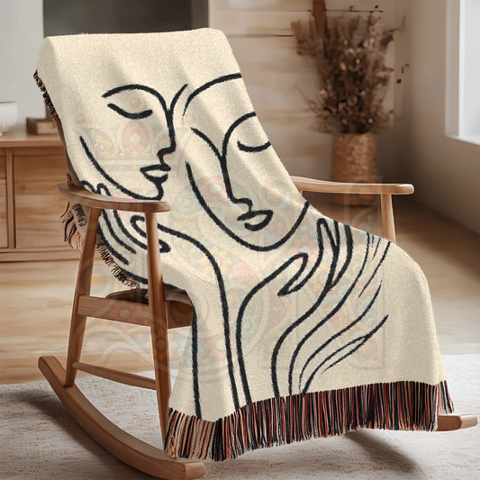 Whispered Connection Minimalist Line Art Faces Woven Blanket, Modern Throw for Emotional Closeness, Gift for Thoughtful Home Decor