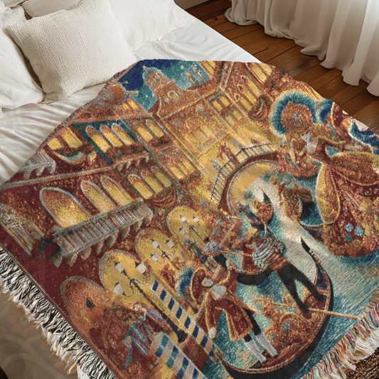 Venetian Carnival Tapestry Blanket, 100% Cotton Woven Throw, Gondola & Masquerade Design, Elegant Home Decor, Cozy Art Blanket