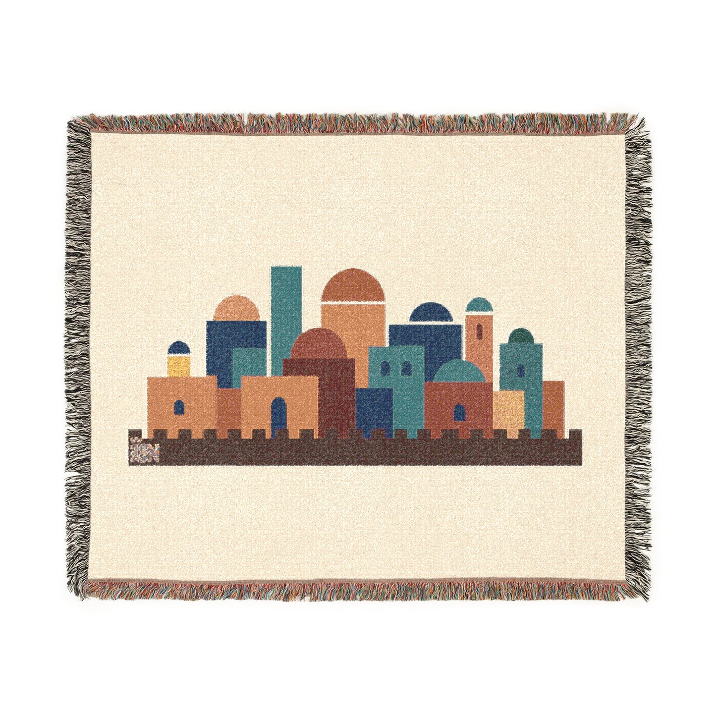 Jerusalem Skyline Modern Judaica Woven Blanket – Contemporary Cityscape Tapestry Throw, Neutral Home Decor, Heirloom Gift