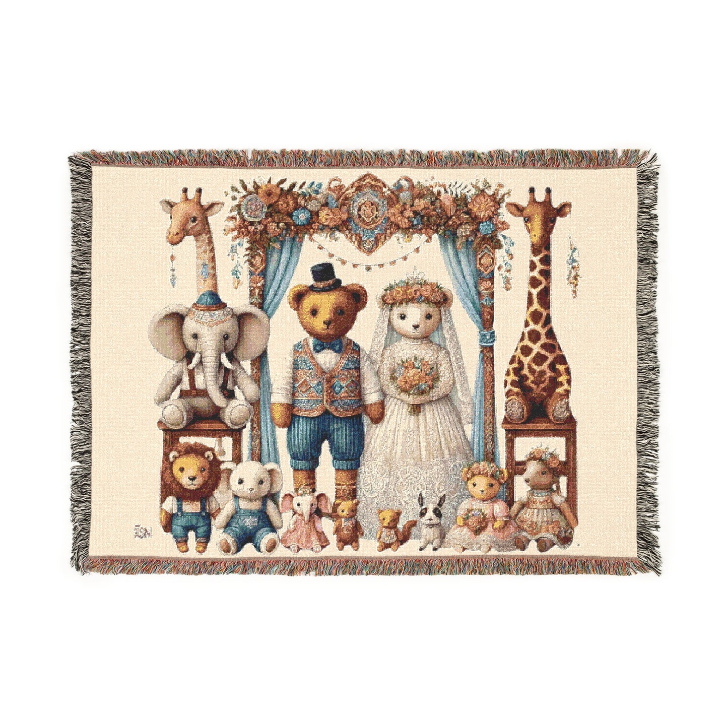 Teddy Bear Wedding Woven Blanket – 100% Cotton Vintage-Inspired Throw for Nursery, Wedding Gift, & Cozy Home Decor | Heirloom Tapestry for Storybook Lovers