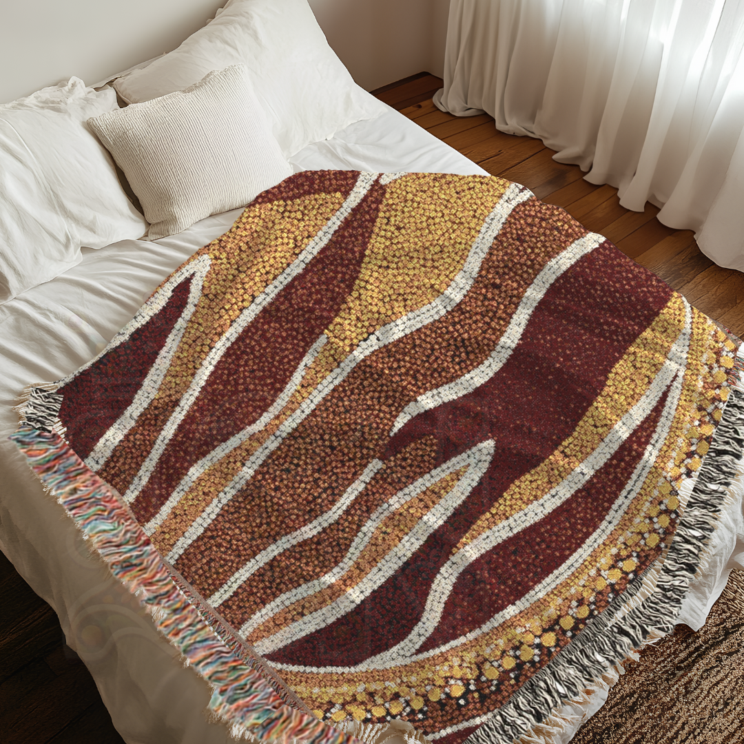 Australian Art-Inspired Woven Blanket – Earthy Tribal Tapestry with Nature Motifs