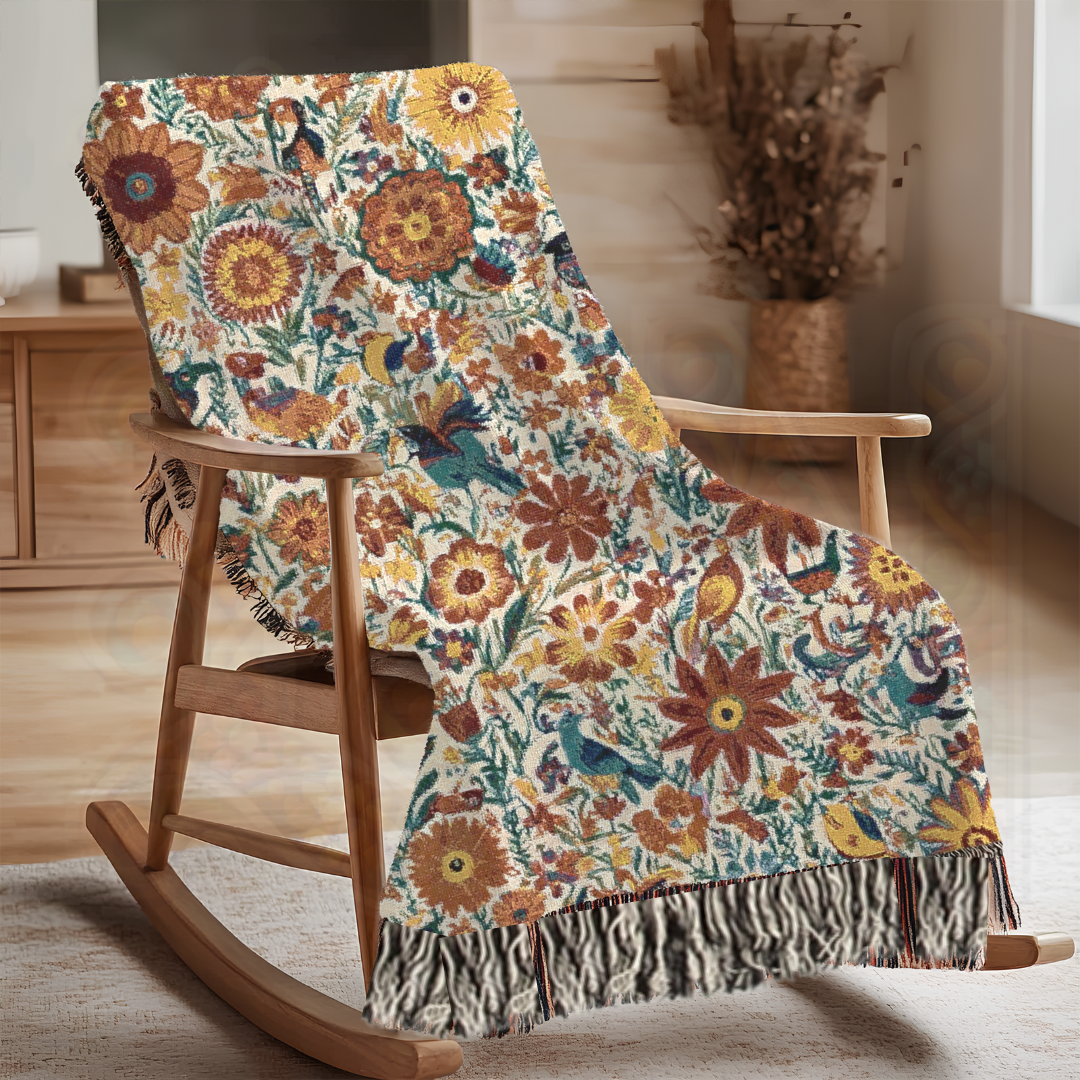 Botanical Garden Woven Blanket, 100% Cotton Tapestry Throw with Vintage Floral & Bird Pattern, Nature-Inspired Home Decor