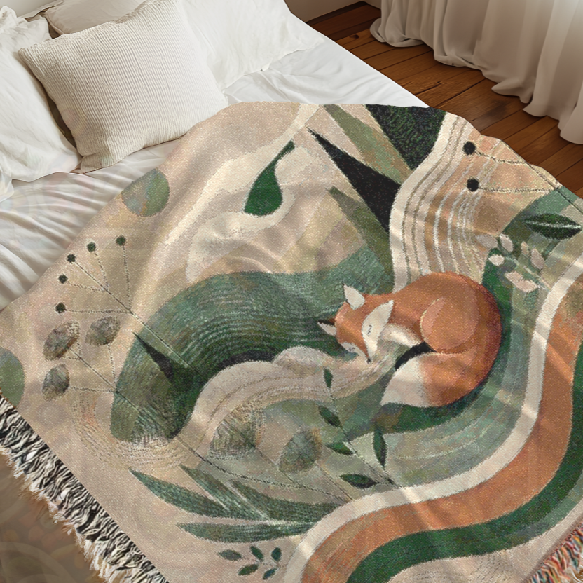 Fox Woven Blanket - 100% Cotton Nature Throw, Cozy Woodland Decor, Boho Tapestry, Minimalist Forest Aesthetic, Unique Art Gift