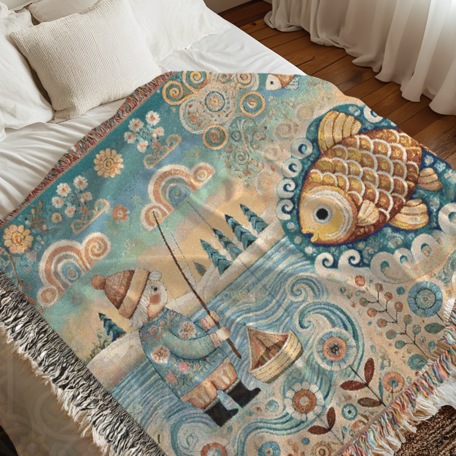 Golden Fish & Little Fisherman Woven Blanket, Folk Art Fairytale Light Tapestry – 100% Cotton Cozy Throw