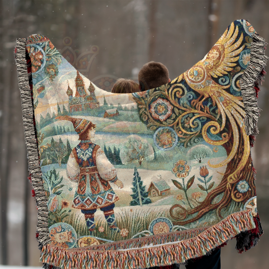 Folk Art Fairy Tale Woven Blanket – Enchanted Firebird & Prince, Slavic-Inspired Tapestry Throw for Cozy, Whimsical Décor