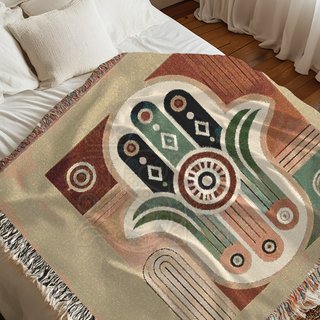 Hand Hamsa Folk Art Woven Blanket – Symbolic Hand of Protection & Peace Throw