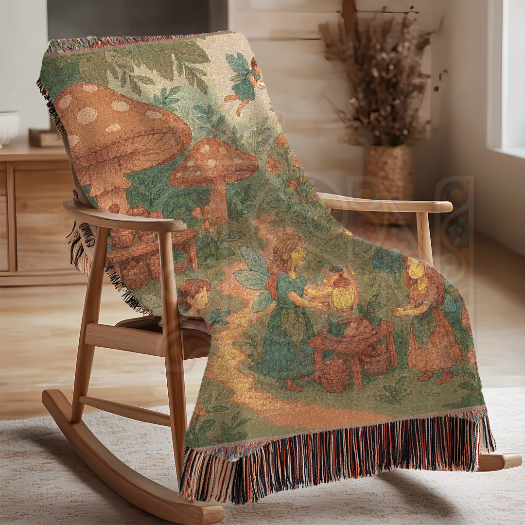 Mushroom Fairy Market Whimsical Fairycore Forest Gathering Woven Blanket – Magical Throw