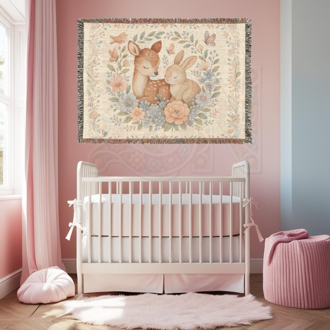 Tender Friends Nursery Gentle Deer & Bunny Floral Woven Blanket – Cozy 100% Cotton Baby Throw