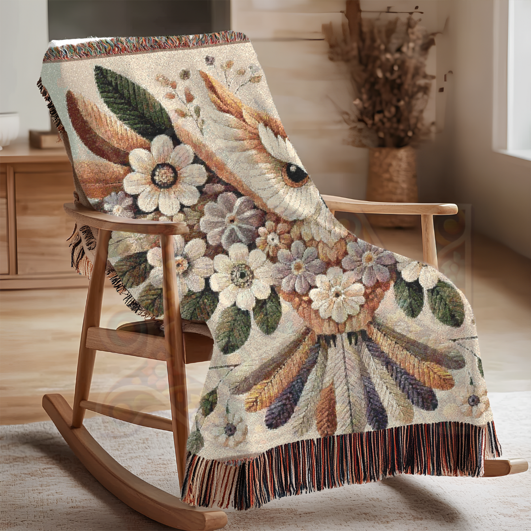 Floral Owl Woven Blanket – Cottagecore Boho Throw, 100% Cotton, Nature-Inspired Home Decor, Cozy Gift for Bird Lovers