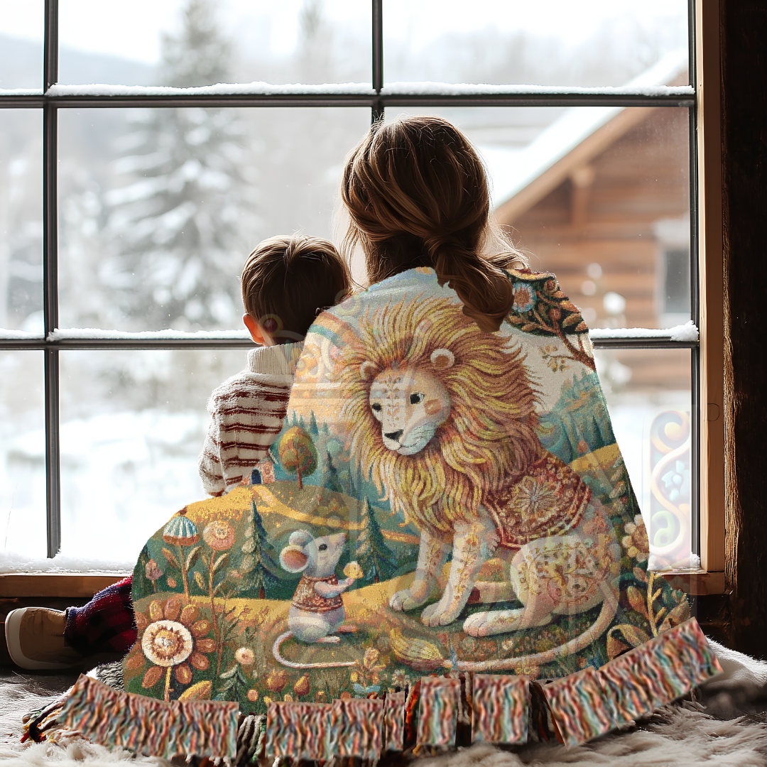 Enchanted Folk Art Woven Blanket – Storybook Lion & Mouse Tapestry | Cozy 100% Cotton Boho Woodland Throw, Nursery & Home Decor
