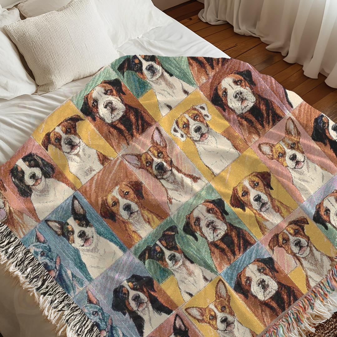 Dog Lover’s Portrait Blanket – Colorful Dog Breeds in Folk Art Style, 100% Cotton Woven Throw for Home Decor