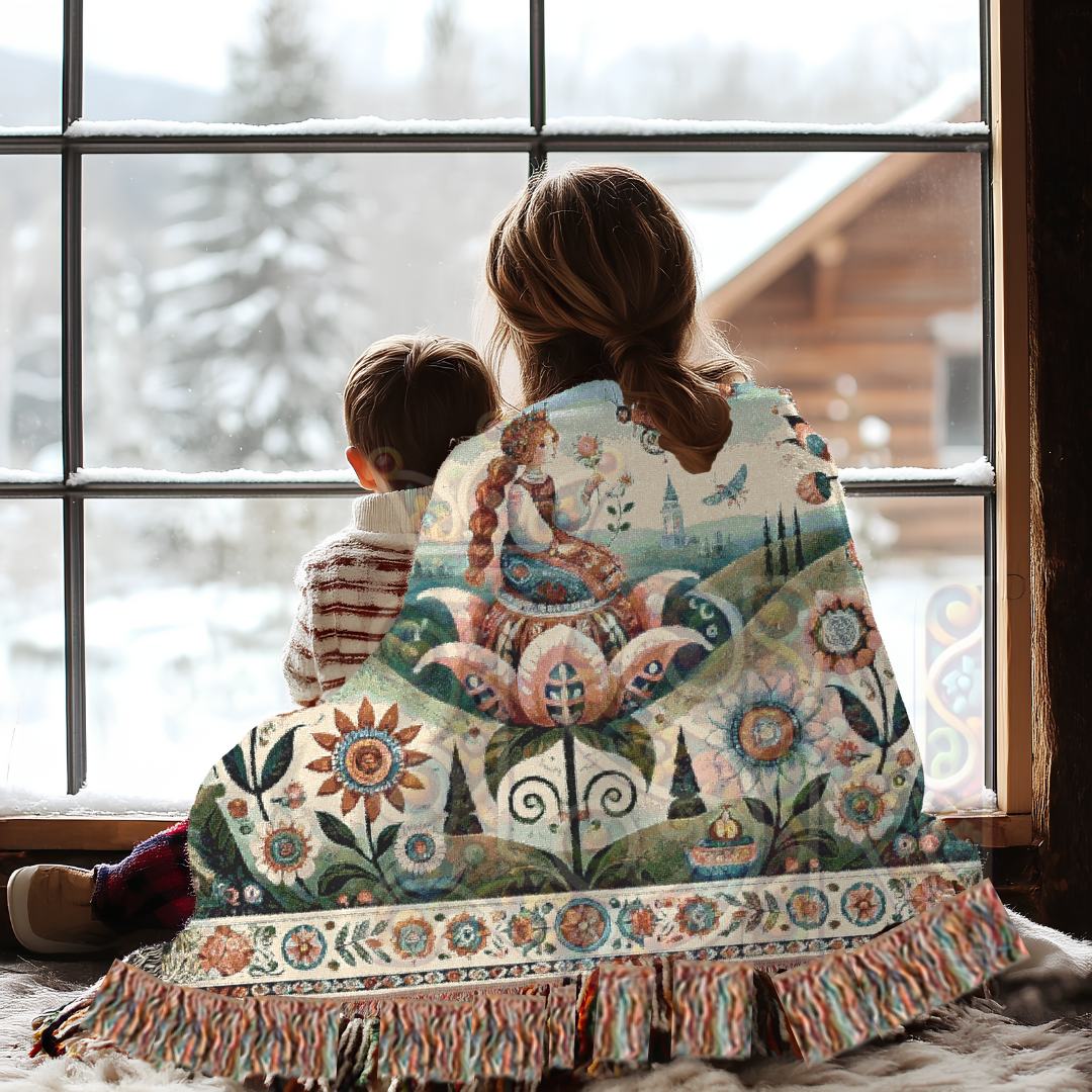 Whimsical Folk Art Thumbelina Inspired Princess Woven Blanket, 100% Cotton Tapestry – Storybook Fairytale Throw, Nordic Boho Home Decor, Cozy Gift for Her