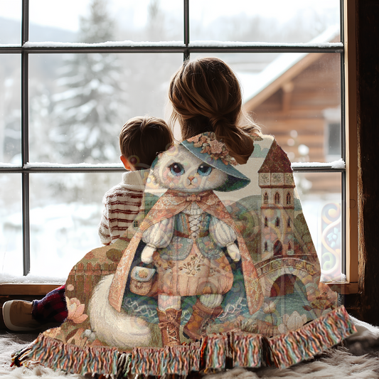 Whimsical Puss in Boots-Inspired Woven Blanket | Fairytale Cat Tapestry Throw | Vintage Storybook, Cottagecore & Castle Decor