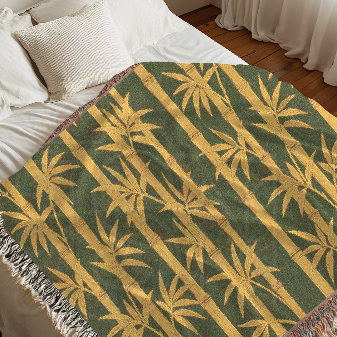 Golden Grove – Earth-Toned Bamboo Woven Throw Blanket in Gold and Green