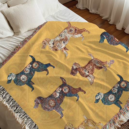 Folk Art-Inspired Dog Breed Blanket in Mustard Yellow– Labrador, Spaniel, Dachshund & Border Collie, Cozy 100% Cotton Woven Throw