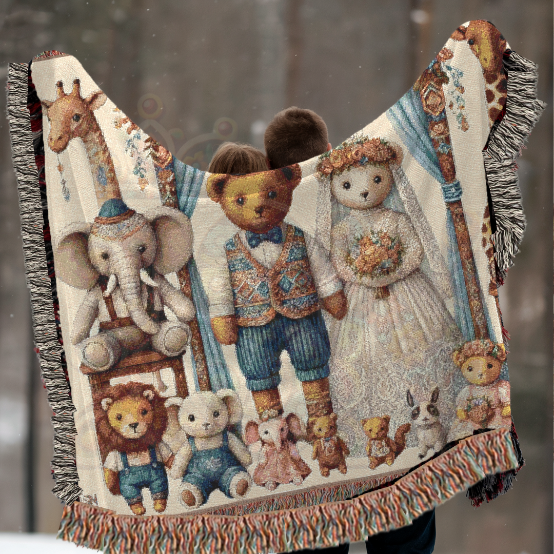 Teddy Bear Wedding Woven Blanket – 100% Cotton Vintage-Inspired Throw for Nursery, Wedding Gift, & Cozy Home Decor | Heirloom Tapestry for Storybook Lovers