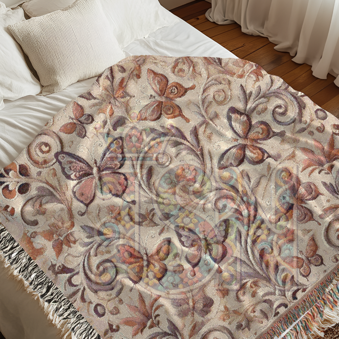 Whispers of Wings Butterfly Garden Woven Blanket – Elegant Folk Art Throw with Butterflies & Floral Motifs for Home & Gift