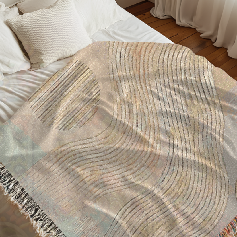 Whispering Waves Minimalist Flowing Lines Woven Blanket, Earth Tone Cozy Throw, Modern Calming Home Decor Gift