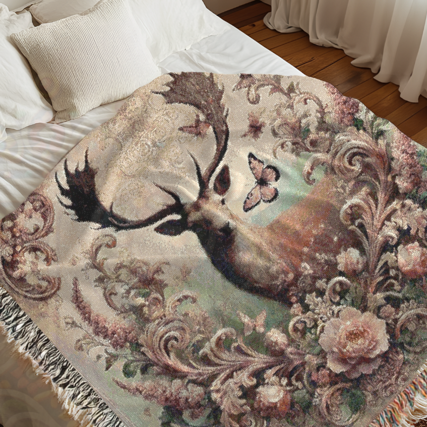 Majestic Deer Woven Blanket – 100% Cotton Nature Throw | Vintage Wildlife Tapestry | Rustic Lodge Decor | Cottagecore Bedding