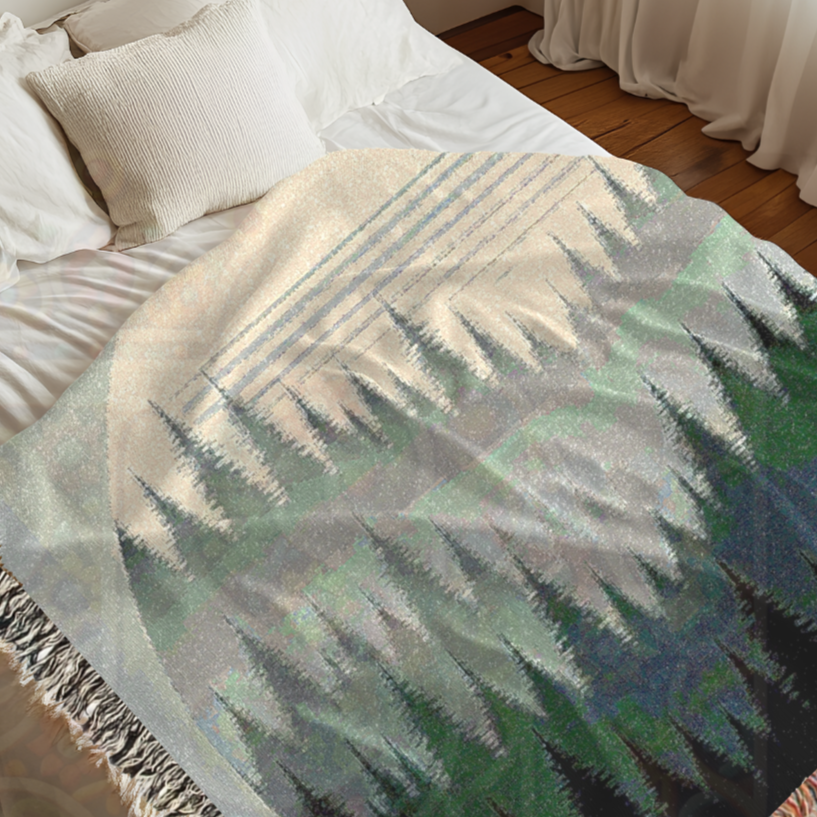 Forest Circle Minimalist Woven Blanket, Layered Woodland Pines Cozy Throw, Nature Inspired Home Decor Gift