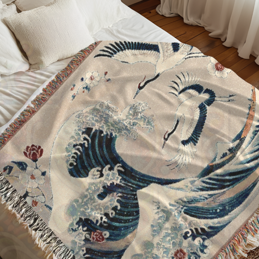 Japanese Wave & Crane Woven Blanket – 100% Cotton Tapestry Elegant Ocean Throw, Traditional Art Home Decor, Ukiyo-e Inspired Gift