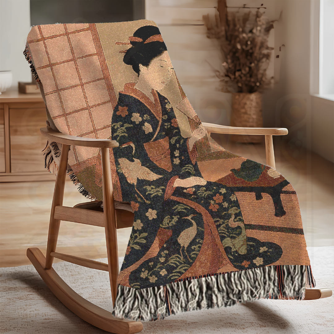 Reading by the Window Blanket – Geisha in Spring Woven Blanket – Japanese-Inspired Tapestry Throw with Cherry Blossoms