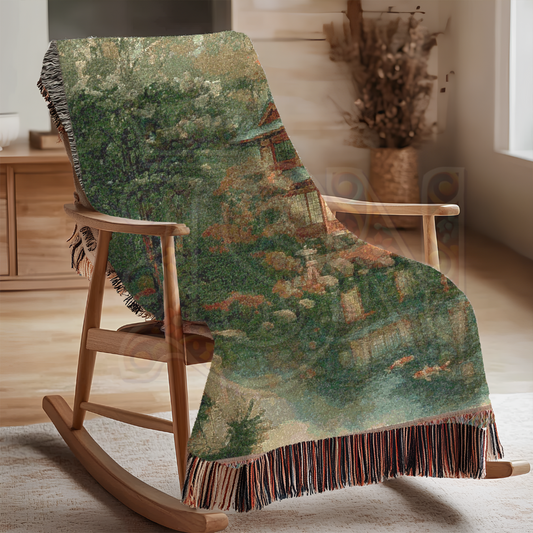 House by the Pond – Woven Blanket with Japanese Villa and Garden Landscape