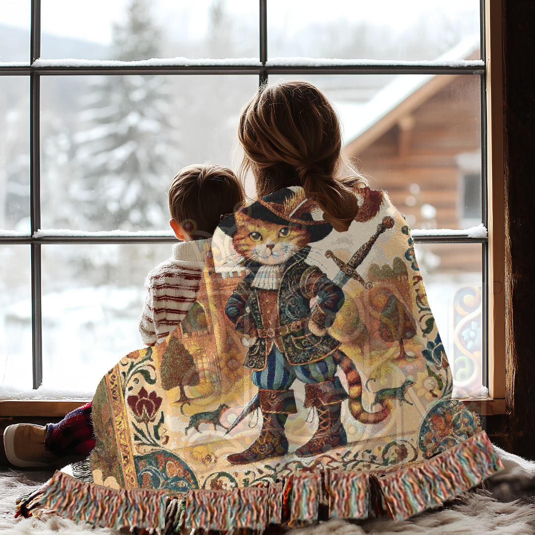Puss in Boots Woven Blanket - 100% Cotton Tapestry Throw, Fairy Tale Cat Decor, Medieval Castle Art, Whimsical Vintage Gift