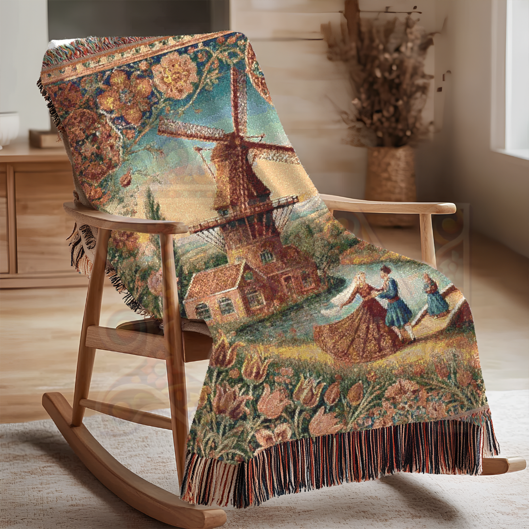 Dutch Countryside Woven Blanket – 100% Cotton, Windmill Tapestry, Vintage Farmhouse Decor, Rustic European Throw, Cozy Heritage Gift