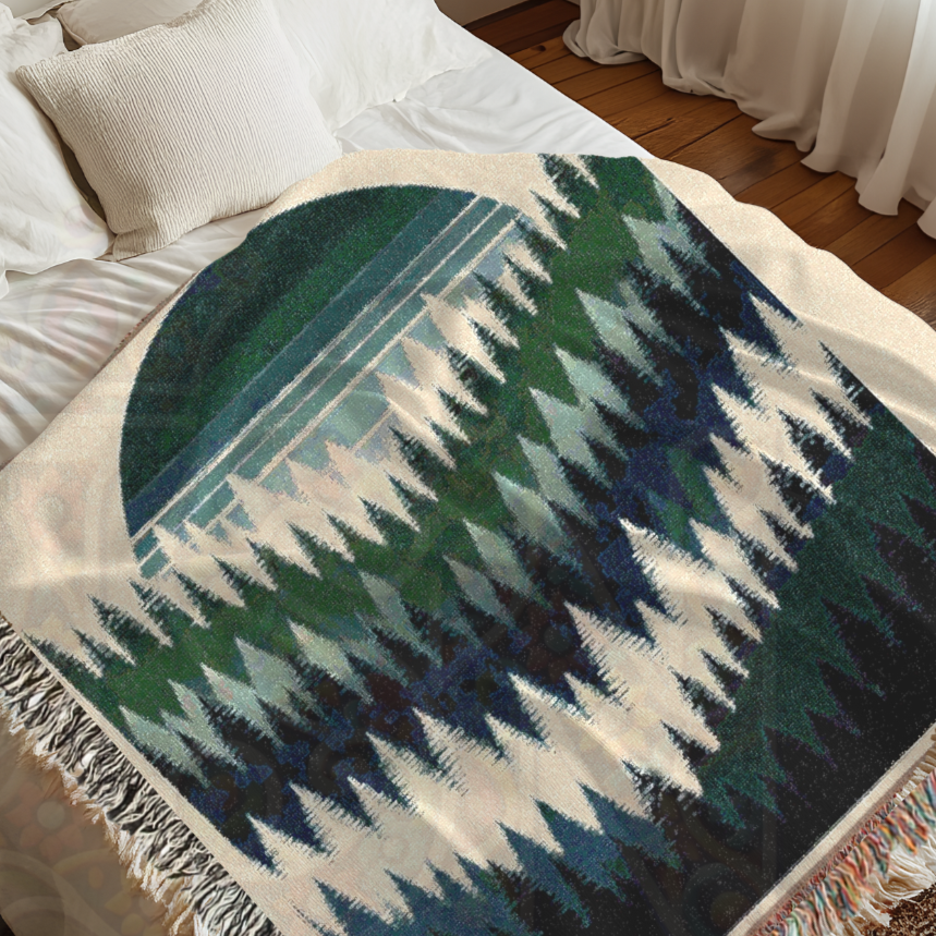 Forest Sunset Woven Blanket, 100% Cotton Throw – Nature-Inspired Cozy Tapestry for Home, Cabin, or Adventure Lovers