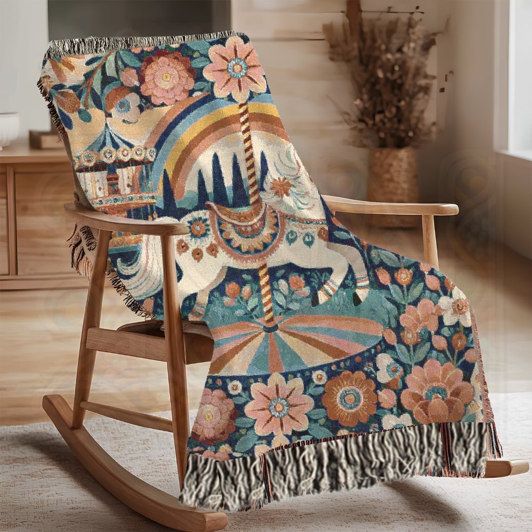 The Midnight Carousel – Folk Art Woven Throw Blanket with Carnival Horse and Florals