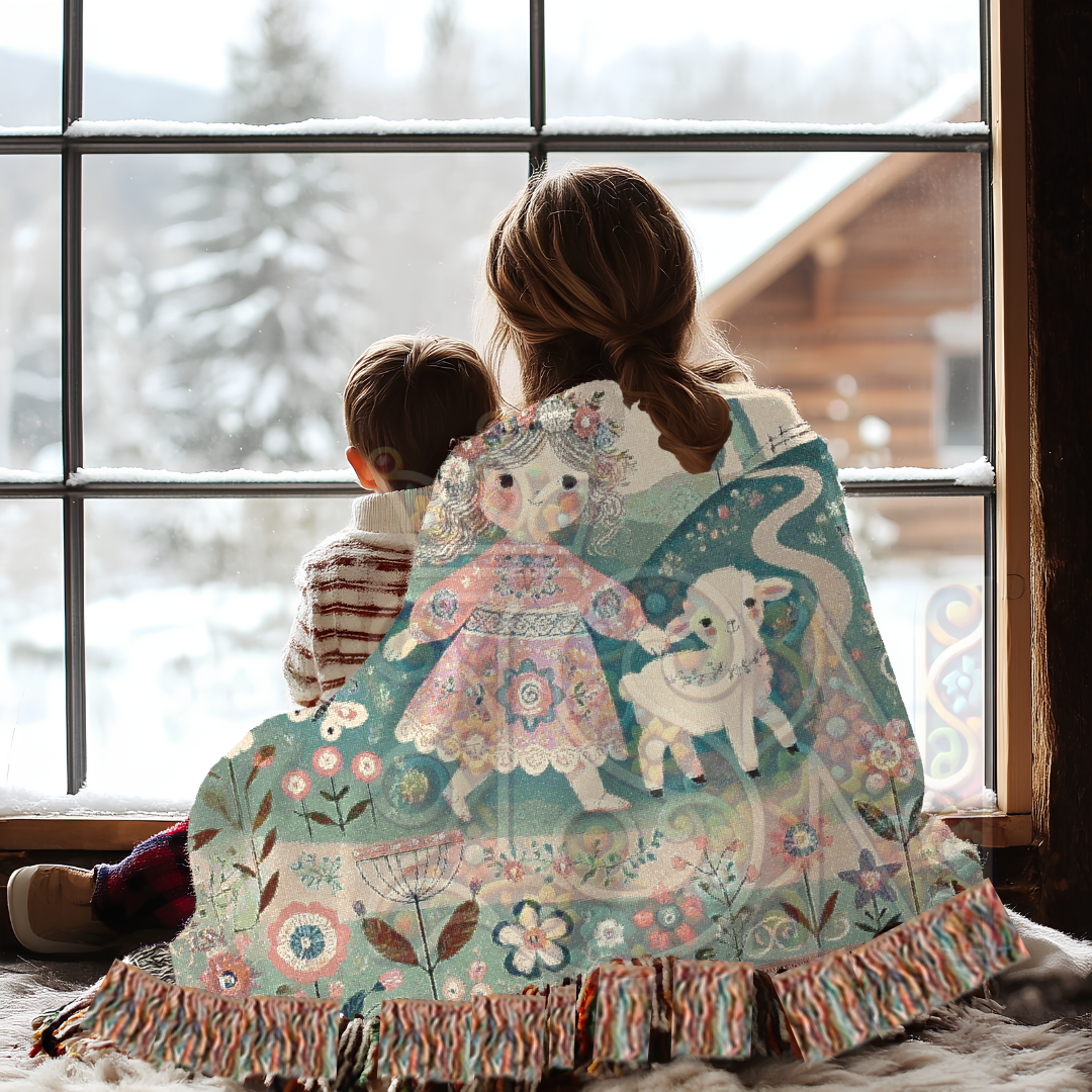 Mary Had a Little Lamb Woven Blanket, Light Pastel Fairytale Cotton Tapestry Throw