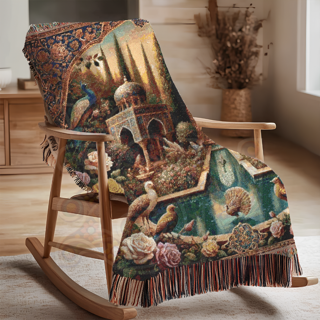 Birds of Persia Woven Blanket, 100% Cotton Throw, Elegant Persian Garden Art, Peacock Tapestry, Luxurious Home Decor & Boho Accent
