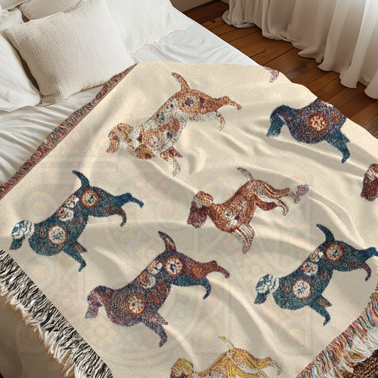 Folk Art-Inspired Dog Breed Blanket in Cream Color– Labrador, Spaniel, Dachshund & Border Collie Cozy 100% Cotton Woven Throw