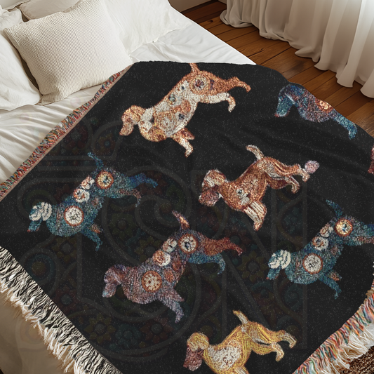 Folk Art-Inspired Dog Breed Blanket in Black – Labrador, Spaniel, Dachshund & Border Collie, Cozy 100% Cotton Woven Throw