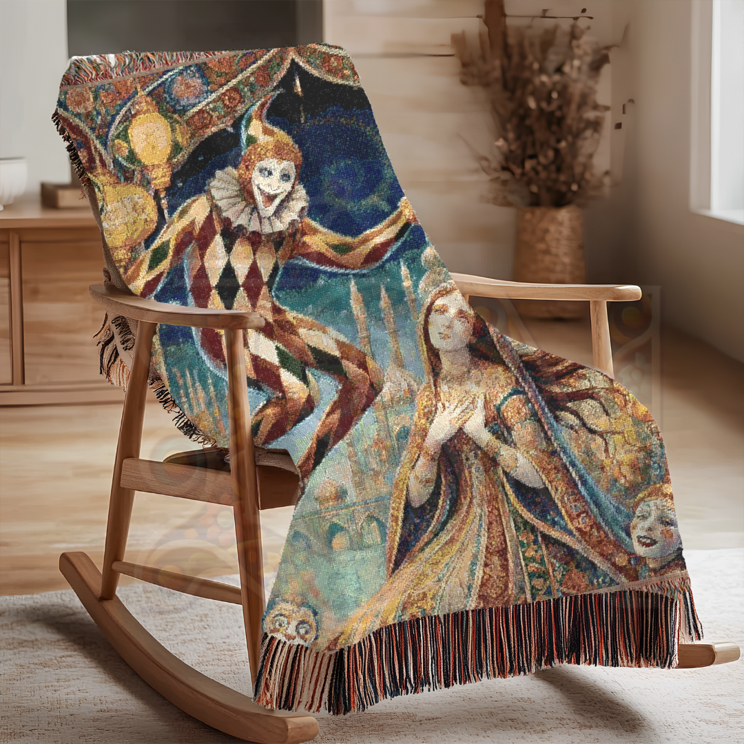Enchanting Harlequin & Maiden Woven Blanket – 100% Cotton, Fantasy Tapestry, Bohemian Home Decor, Gothic Art Throw, Unique Gift