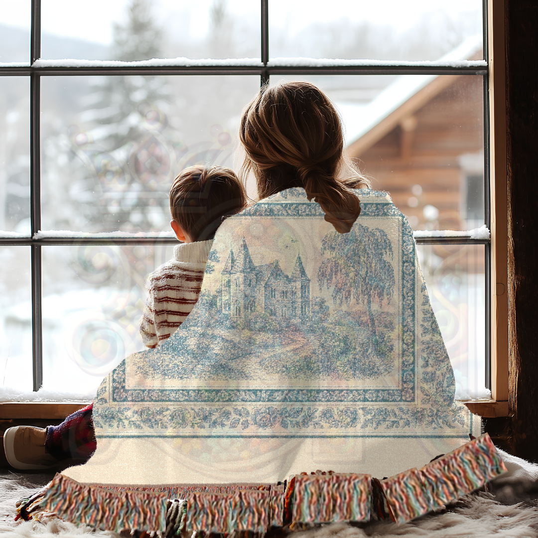 French Chateau Woven Blanket – Blue Toile Cotton Throw or Wall Tapestry with Floral Border & Manor Scene – Elegant Storybook Decor
