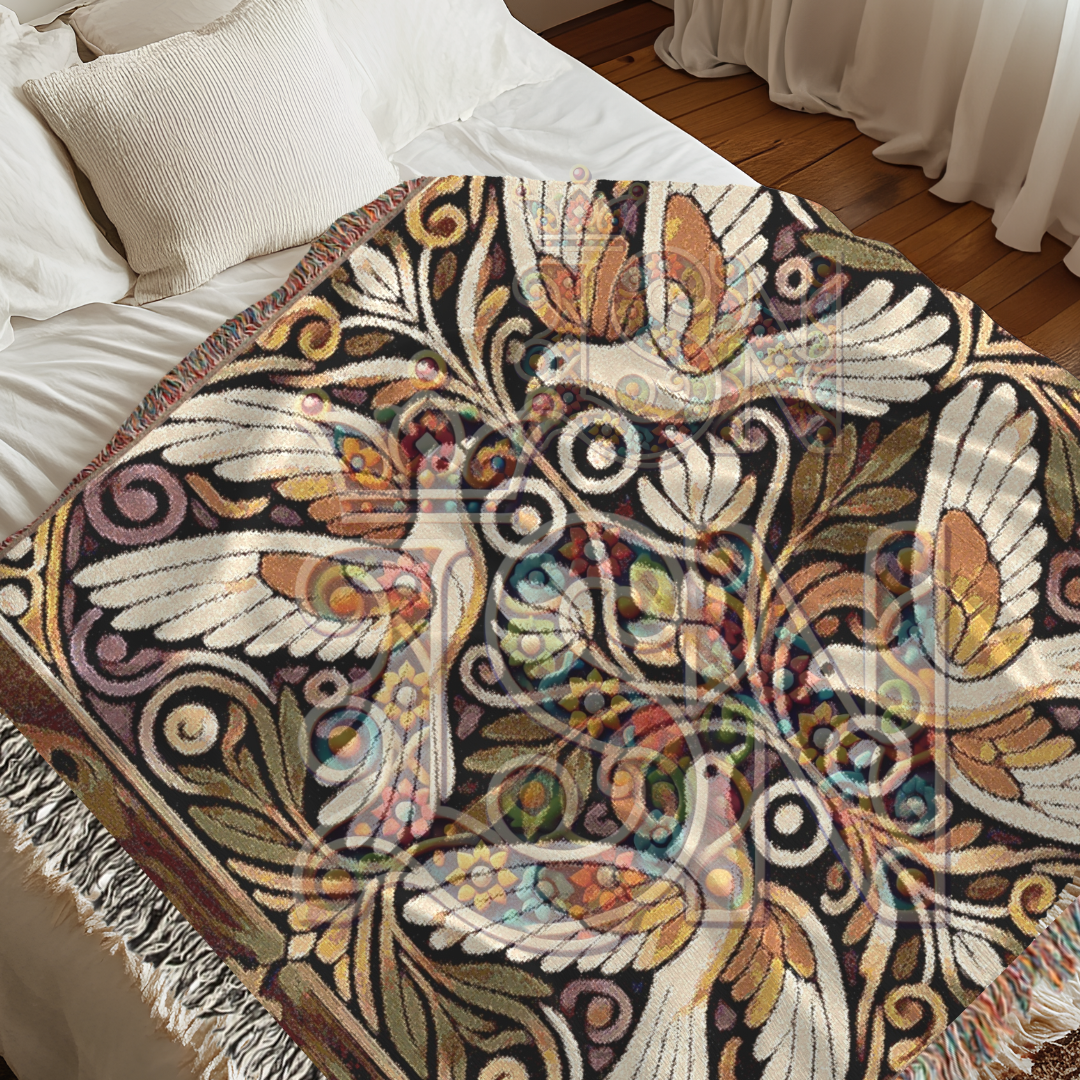 Four Doves Harmony Folk Art Woven Blanket – Peaceful Unity Throw with Ornamental Floral Design