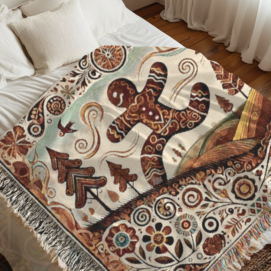 Whimsical Gingerbread Village Woven Blanket – Cozy Folk Art