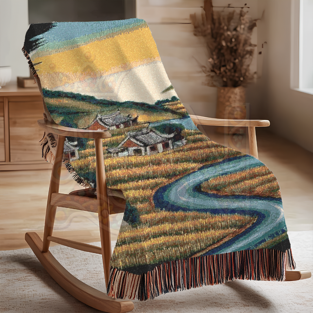 River of Rice – Asian Korean Folk Art Woven Throw Blanket with Countryside Village Scene