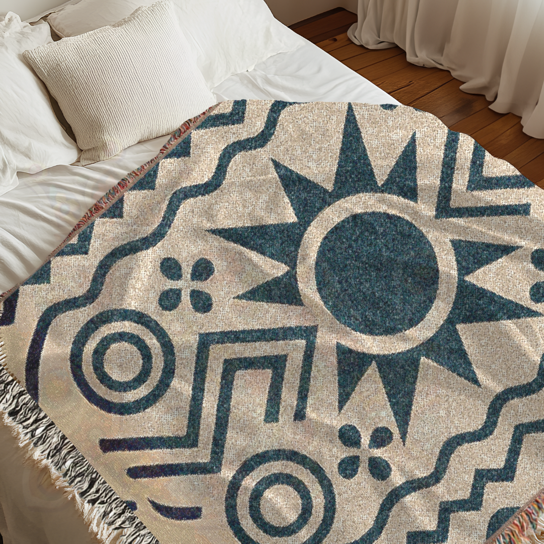 Geometry of the Ancestors – African Folk Motif Woven Blanket, Bold Tribal Symbol Throw, Minimalist Heritage-Inspired Textile