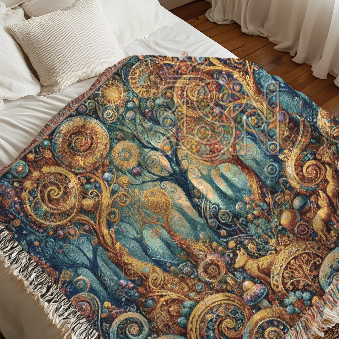 Whimsical Golden Trees – Folk Art Woodland Woven Throw Blanket