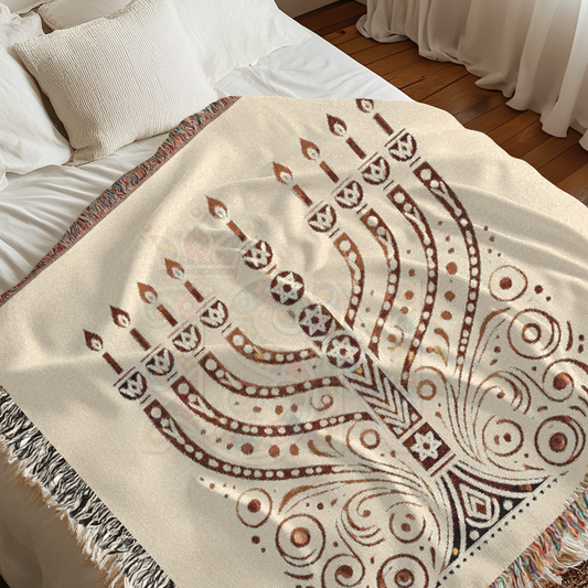 Radiant Menorah Folk Art Woven Blanket – Hanukkah Symbol of Light & Tradition Throw