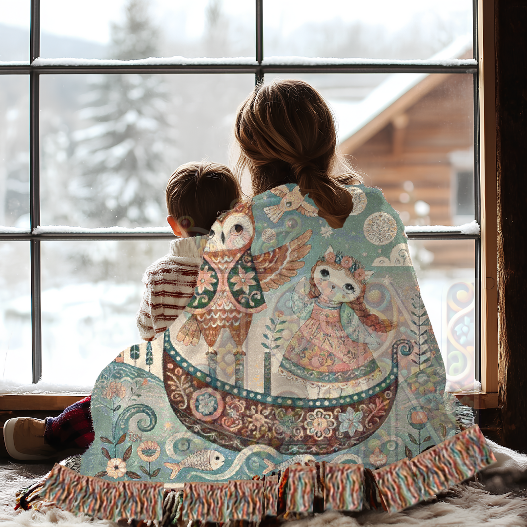 Owl & Pussycat Folk Art Woven Blanket, 100% Cotton Tapestry – Whimsical Storybook Throw, Boho Light Cottagecore Decor, Unique Gift for Dreamers