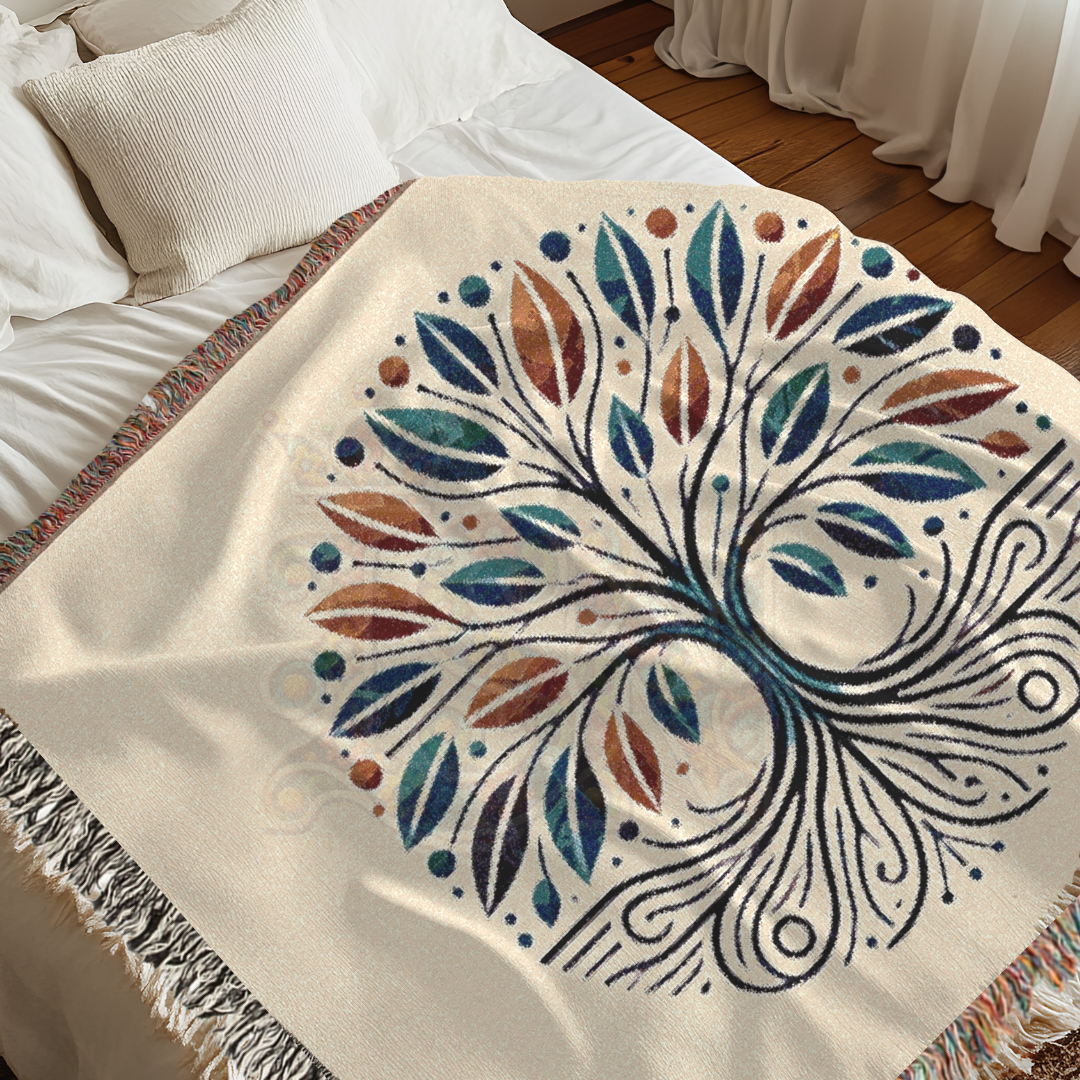 Tree of Life Woven Throw Blanket – Nature-Inspired Cotton Tapestry in Blue & Rust